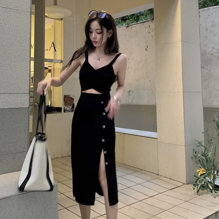 Đầm IELGY dệt kim màu đen dáng ôm phong cách Pháp thời trang sang trọng cho nữ