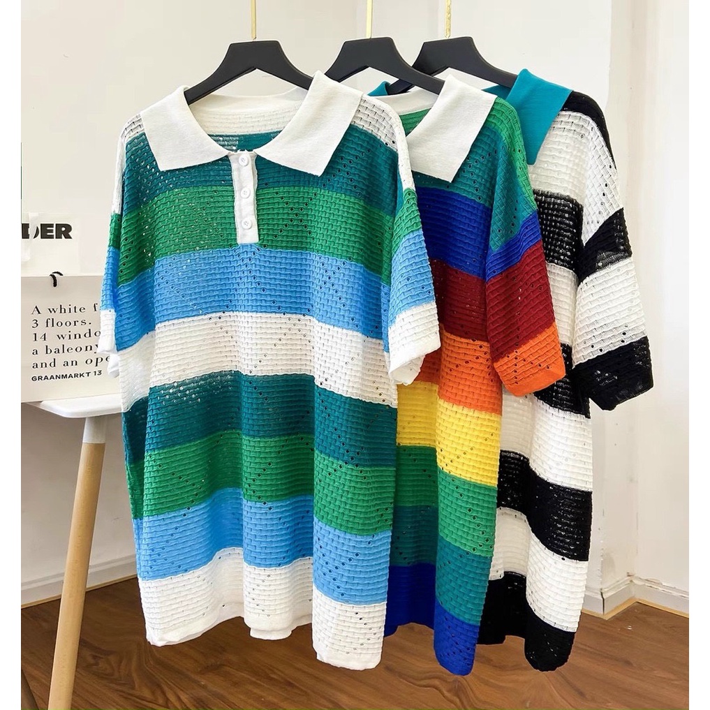 Áo len kẻ ngang vân trám oversize form rộng giấu quần