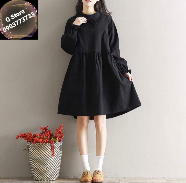 Đầm babydoll đen cổ nơ nút sau | BigBuy360 - bigbuy360.vn