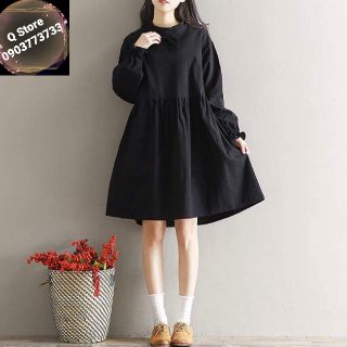 Đầm babydoll đen cổ nơ nút sau
