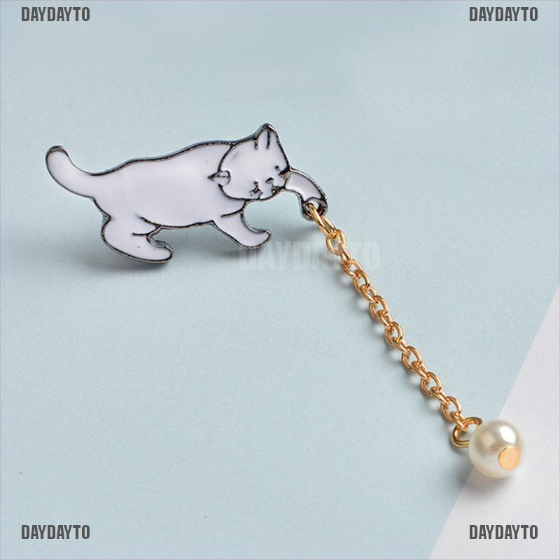 Ghim Cài Áo Hình Mèo Tráng Men Đính Ngọc Trai Dễ Thương