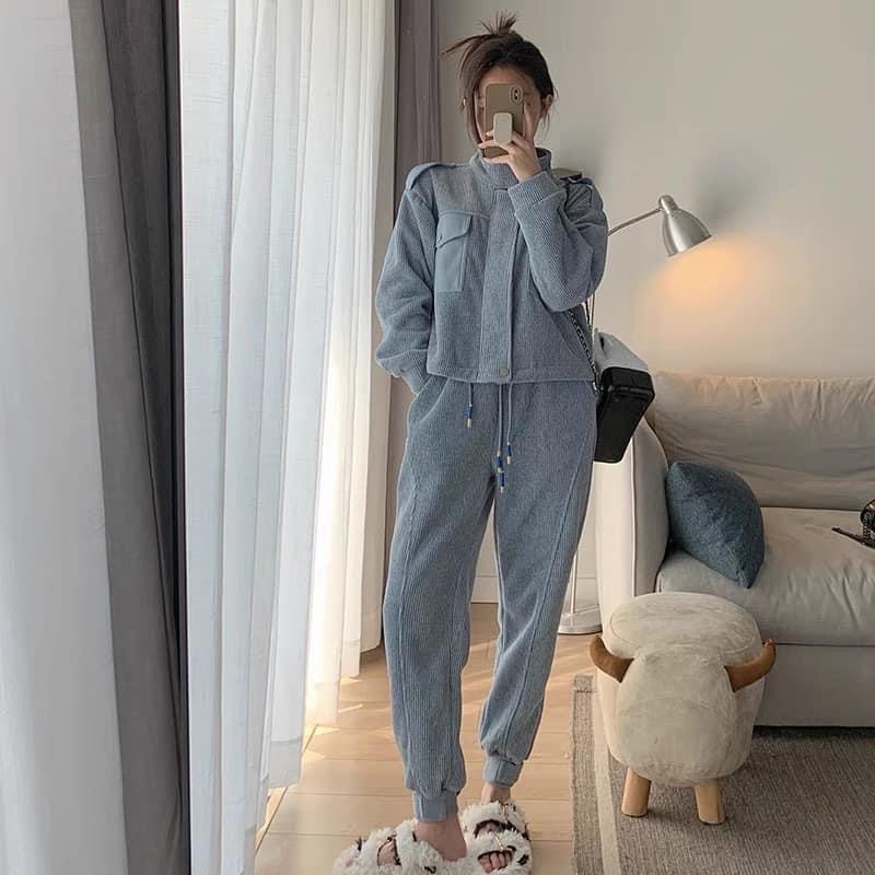 Set bộ nỉ nhung xanh túi da