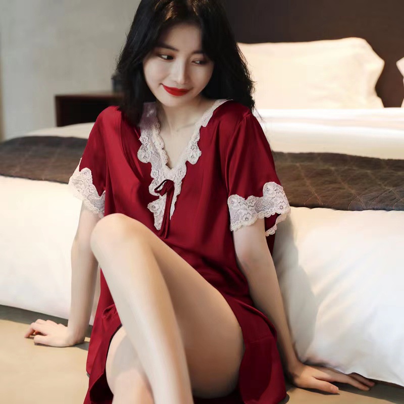 Váy ngủ nữ ngắn tay mùa hè vải lụa tuyết, phối ren sexy VF