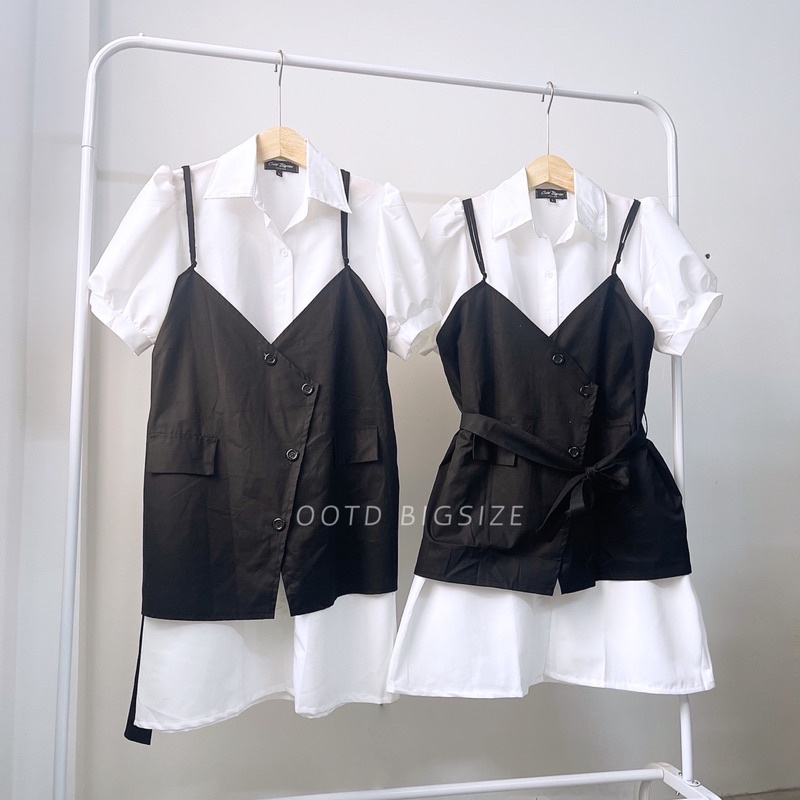 [OOTD BIGSIZE 60-90KG] Set đầm yếm sơ mi kèm belt