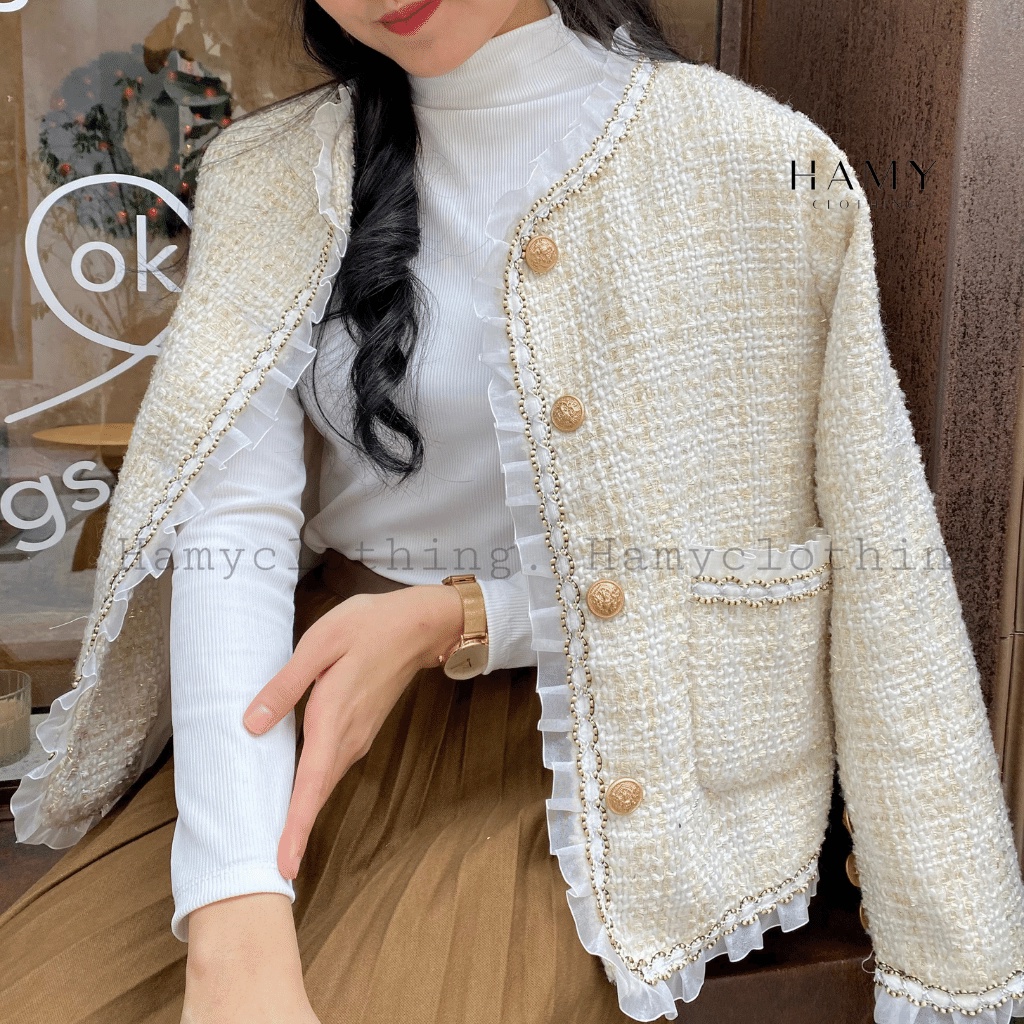 Áo khoác nữ Hamy A-30 dạ Tweed vải dệt dày tự nhiên màu kem viền ngọc đen | BigBuy360 - bigbuy360.vn