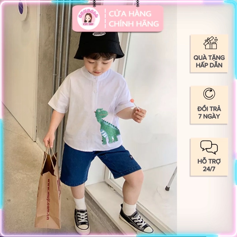 Áo Sơ Mi Cho Bé Trai Và Bé Gái Cổ Tàu Chất Đũi Nhật Cao Cấp Hình Khủng Long Gumball Shop Size 10-25 kg