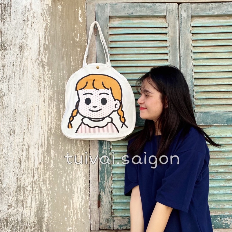 Túi tote túi vải canvas dáng tròn hình cô bé đáng yêu kèm ảnh thật