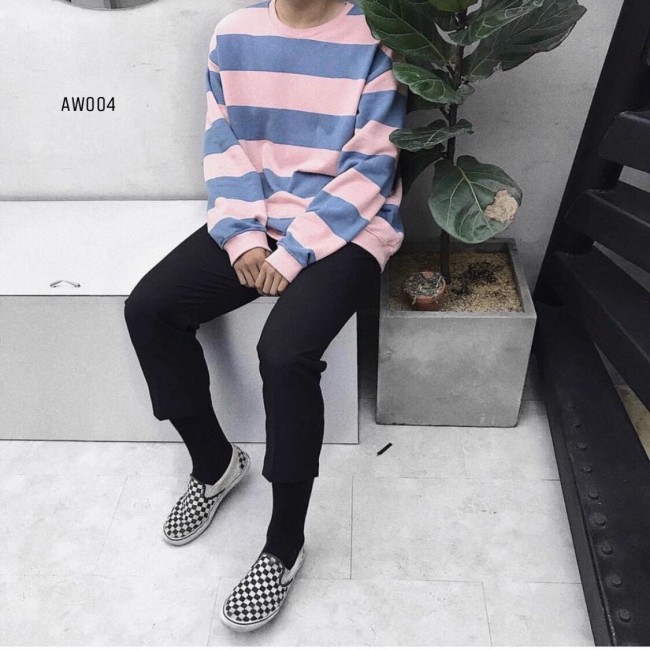 Áo Nỉ Sweater Nam Nữ Unisex Kẻ Hồng Xanh Dài Tay