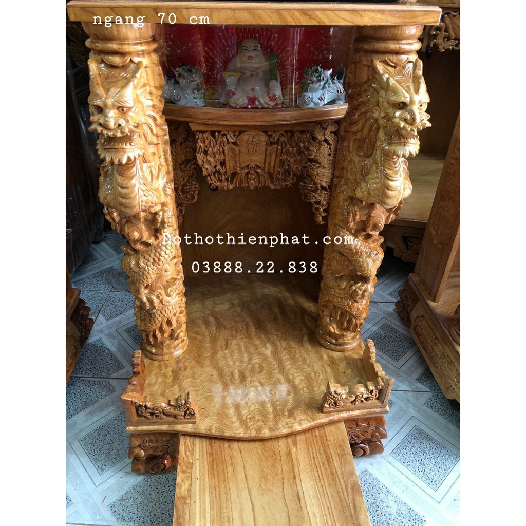 Bàn thờ thần tài ông địa gỗ gõ đỏ ngang 70 cm cột 14 cm rồng phun lửa VIP