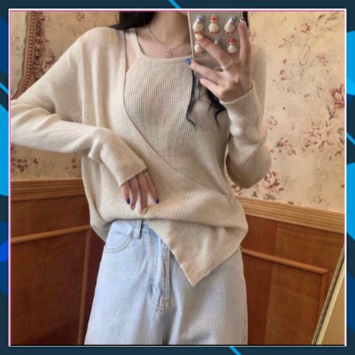 Áo len tăm tay dài hở vai yếm liền vạt chéo cài khuy ulzzang kiểu Hàn Quốc | BigBuy360 - bigbuy360.vn
