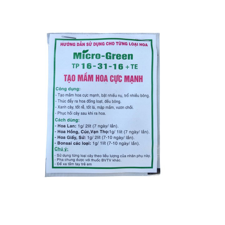 Micro-Green phân NPK 16-31-16 có chất điều hòa sinh trưởng, tạo mầm hoa cực mạnh kích ra hoa đồng loạt gói 10g