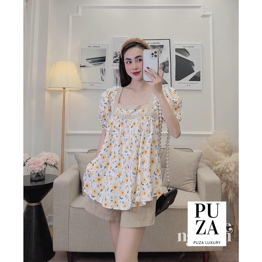 Sét áo hoa babydoll pha ren mix quần sooc đùi ống rộng Chất đũi trơn mềm - PUZA