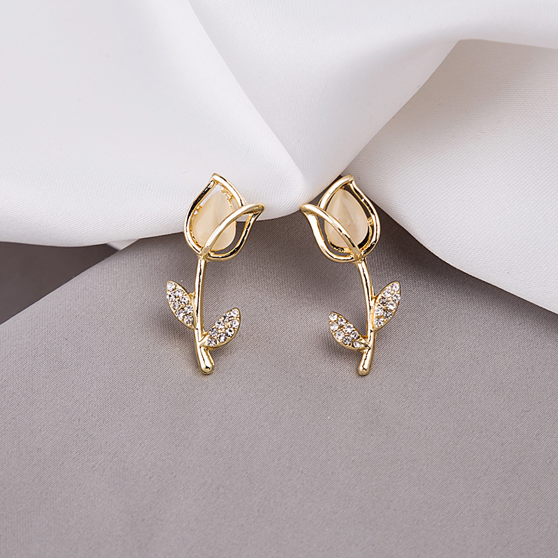 925 diamond silver fashion personality opal leaf earrings Dongdaemun Korean geometrical geometry diamond drop earrings tulips geometric female