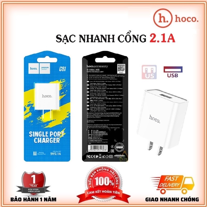 Củ Sạc Nhanh Hoco Chính Hãng C81 2.1A - 1 cổng USB bảo hành 12 tháng