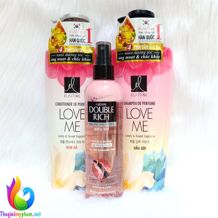 Combo Dầu Gội - Dầu Xả Elastine Love Me 600ml + Nước Xịt Dưỡng Tóc Khô Xơ Và Hư Tổn Double Rich 250ml