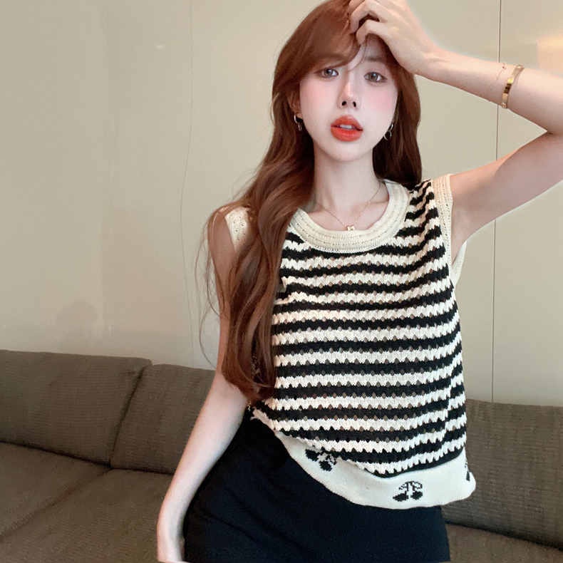 Áo thun ZHELIHANGFEI dệt kim không tay họa tiết cherry kẻ sọc thời trang xinh xắn