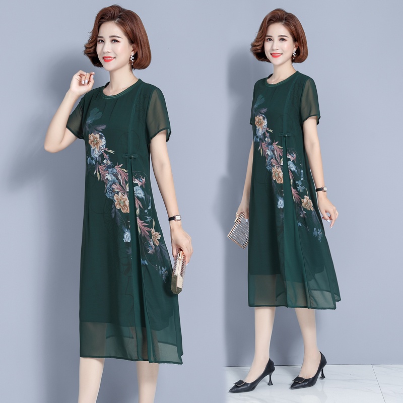 Đầm Tay Ngắn Giả Hai Lớp Phong Cách Dân Tộc Thời Trang Mùa Hè Cho Nữ Trung Niên 40 Tuổi