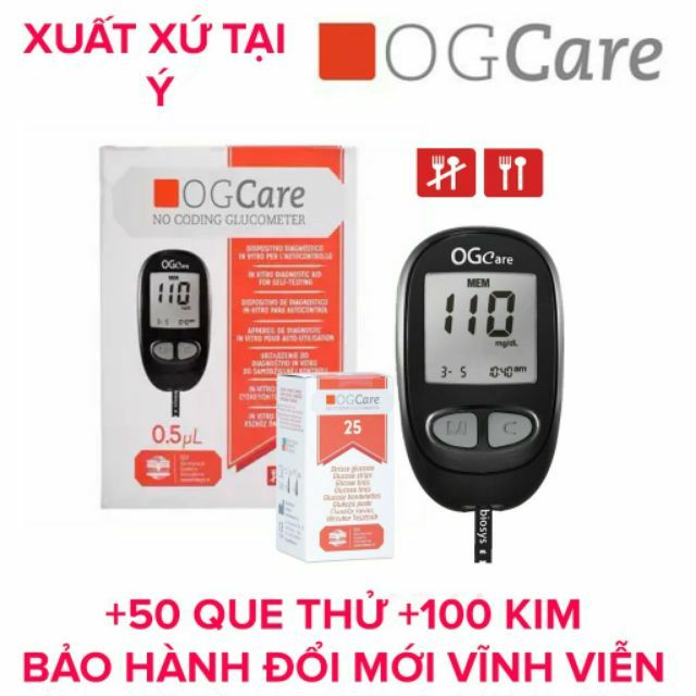 Combo sỉ: Máy đo đường huyết Ogcare của Ý (tặng kèm 1 lọ que 50 test và hộp kim 100 que)