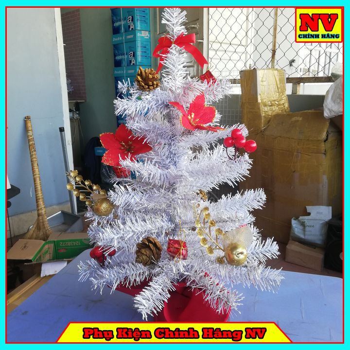 Cây Thông Noel Để Bàn 51Cm Màu Trắng Đế Nhựa Bọc Vải Đỏ
