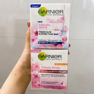 Combo Kem Garnier Sakura dưỡng trắng hồng rạng rỡ ban đêm - ban ngày 50g xuất xứ Thái lan