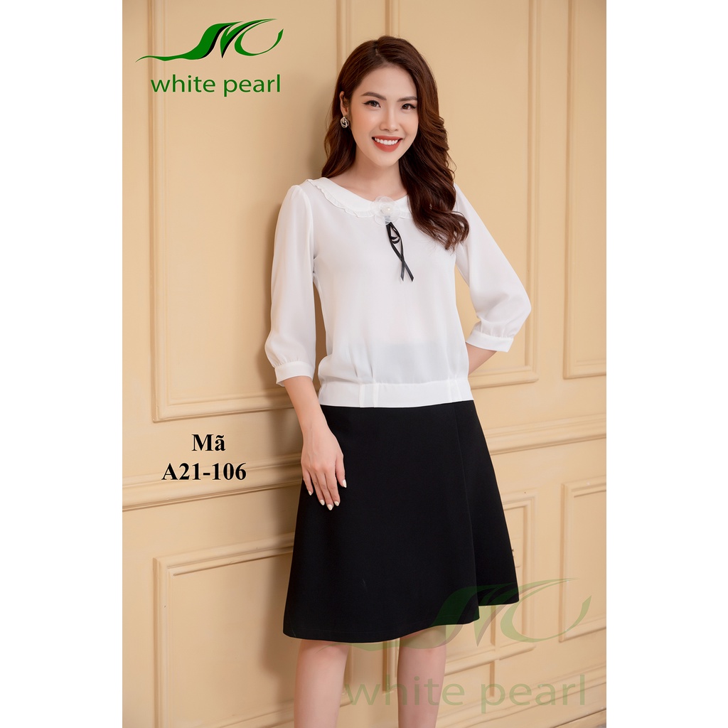 Sơ mi bo gấu nữ thời trang công sở cao cấp tay lỡ cổ tròn đính hoa chất vải mềm mịn đỏ, trắng,xanh lá, xanh WHITE PEARL