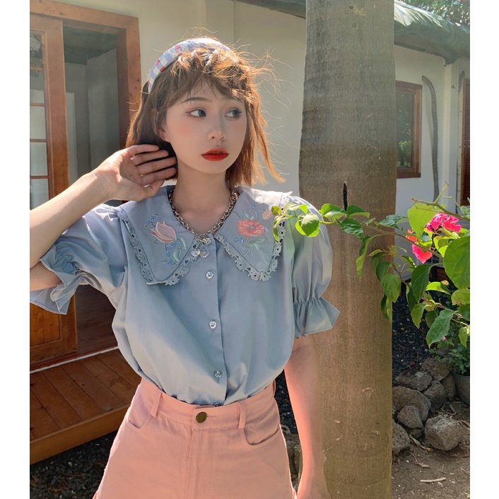 SUXI Áo sơ mi tay ngắn dáng rộng phối ren thêu họa tiết thời trang mùa hè Pháp cổ điển thanh lịch cho nữ
