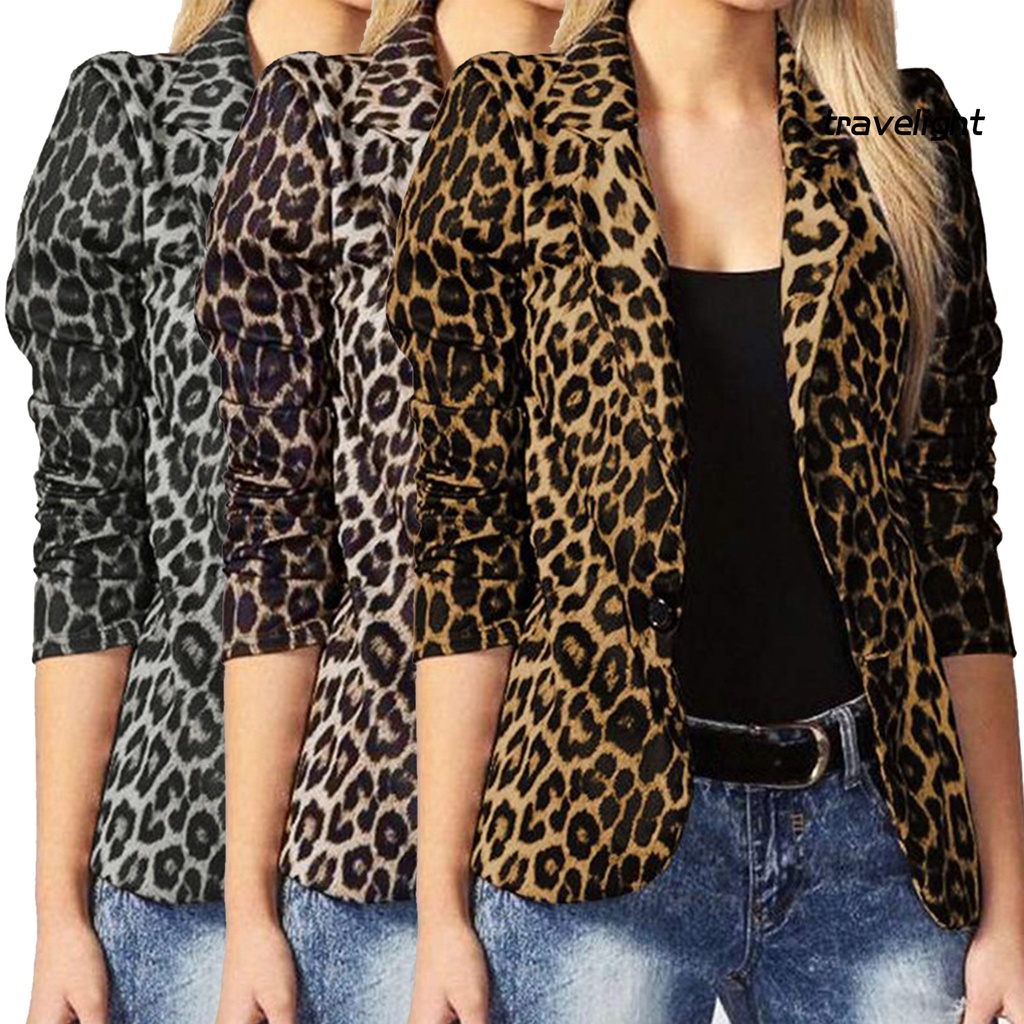 Áo Khoác Blazer Cổ Bẻ In Họa Tiết Da Báo Cài Một Hàng Khuy Dáng Ôm Dành Cho Bạn Nữ Đi Làm