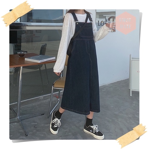 Váy yếm dài Yếm váy Yếm bò dáng dài FIRST DATE màu xanh đậm denim Yếm jean nữ hiện đại năng động | BigBuy360 - bigbuy360.vn