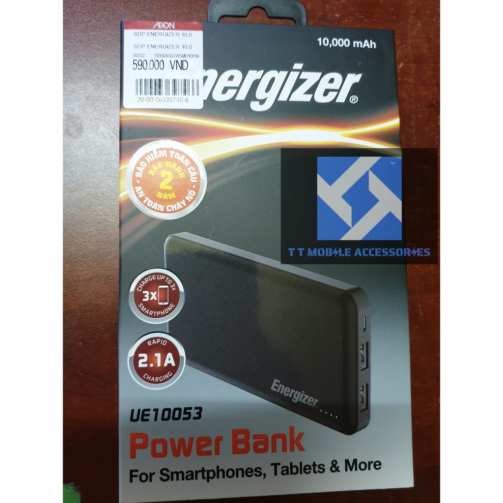 Sạc dự phòng Energizer UE10053 10,000mAh, màu Đen, mỏng nhẹ chính hãng Energizer Vietnam, mới 100%, B/hành 2 năm 1 đổi 1