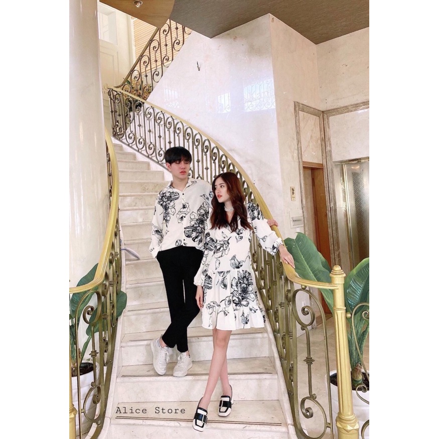 Set đồ đôi áo đôi áo cặp áo tình nhân gồm áo sơ mi và váy nữ chất vải kate thoáng mát hiện đại, set đồ couple CP045