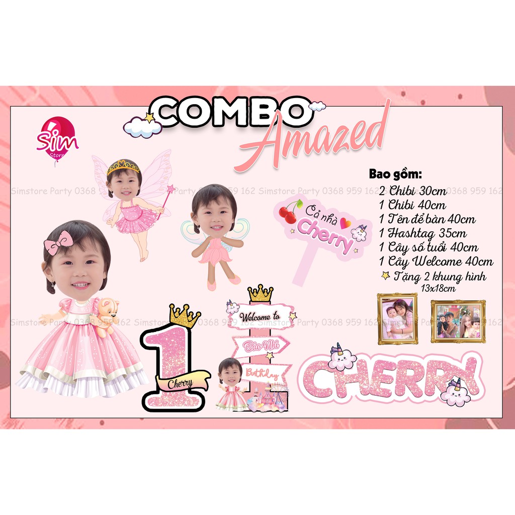 Combo hình chibi, bảng tên, cây welcome, cây số tuổi  trang trí sinh nhật bàn tiệc thiết kế  cho bé