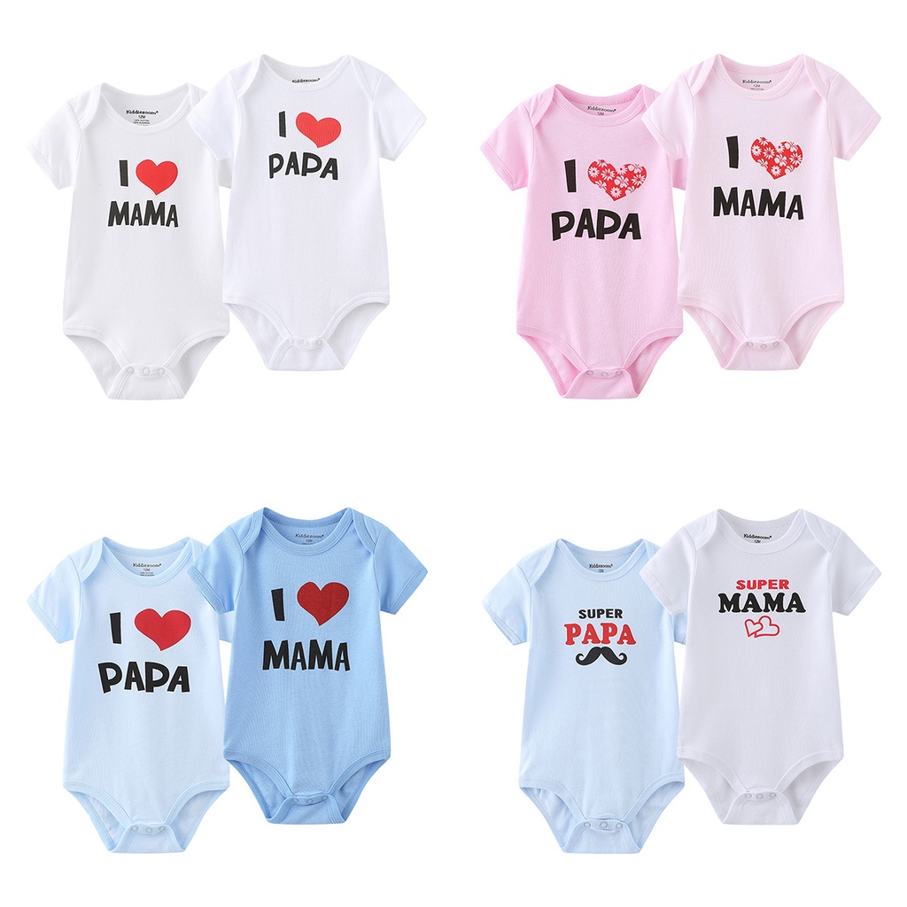 Set 2 Áo Liền Quần Tay Ngắn Chất Liệu 100% Cotton In Chữ I Love Papa Mama Dành Cho Bé Sơ Sinh