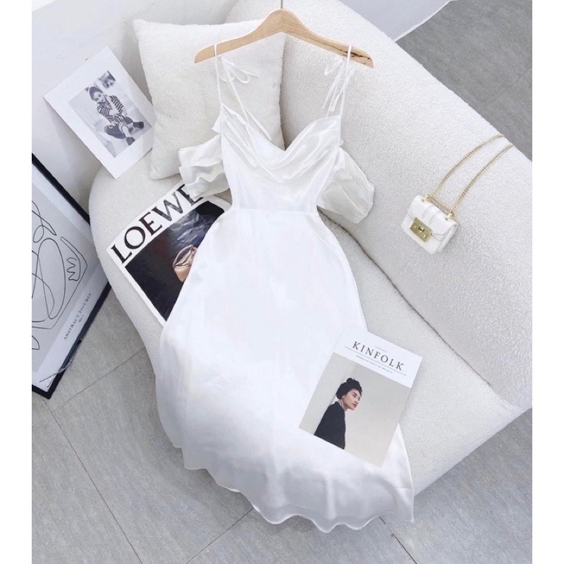 Đầm midi lụa 2d cổ đỗ rớt vai xếp ly ngực MT