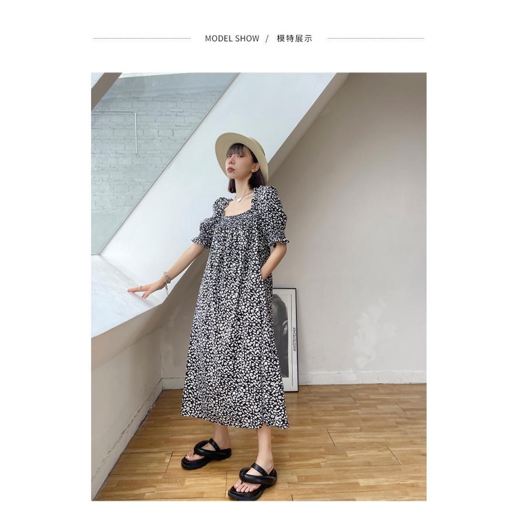 Đầm dài tay phồng họa tiết hoa phong cách retro thanh lịch