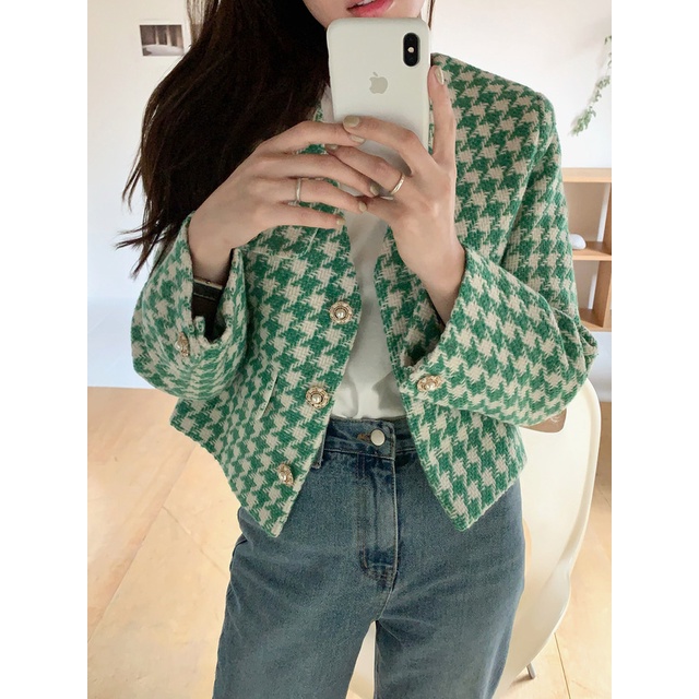 Áo khoác dạ tweed loại đẹp (kèm ảnh thật) / dáng ngắn kẻ kiểu Hàn Quốc