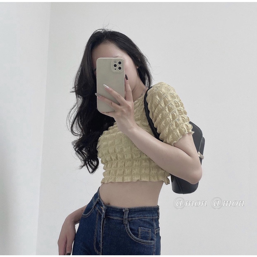 Áo croptop xốp ô vuông nữ, croptop ôm body tay ngắn mềm mại co giãn nhẹ 4 chiều phong cách năng động