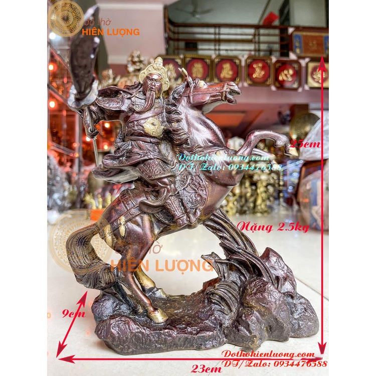 Tượng Quan Công - Quan Vũ Cưỡi Ngựa Bằng Đồng Vàng Màu Nâu Cao 25cm Đẹp Tinh Xảo