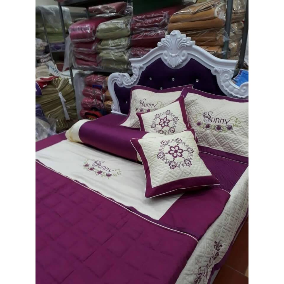 Set chăn ga gối satin chần bông thêu vi tính sang trọng set 7 món y hình