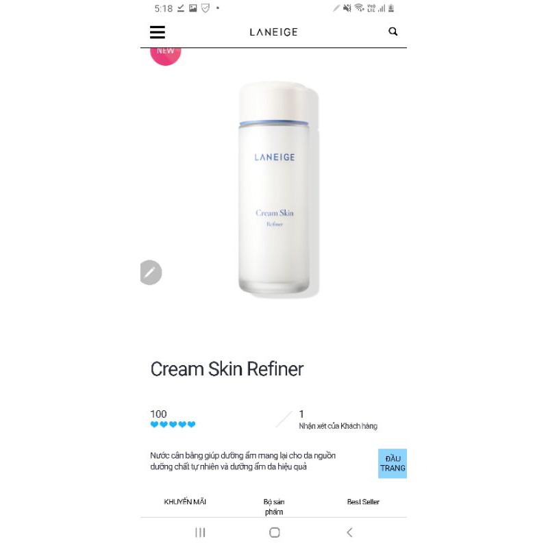 mini dùng thử kem nước hoa hồng dưỡng trắng laneige cream skin refiner