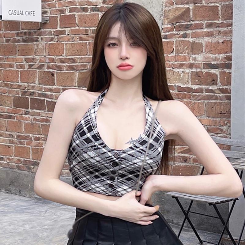 Áo croptop hai dây họa tiết sọc caro phong cách retro Hàn quốc