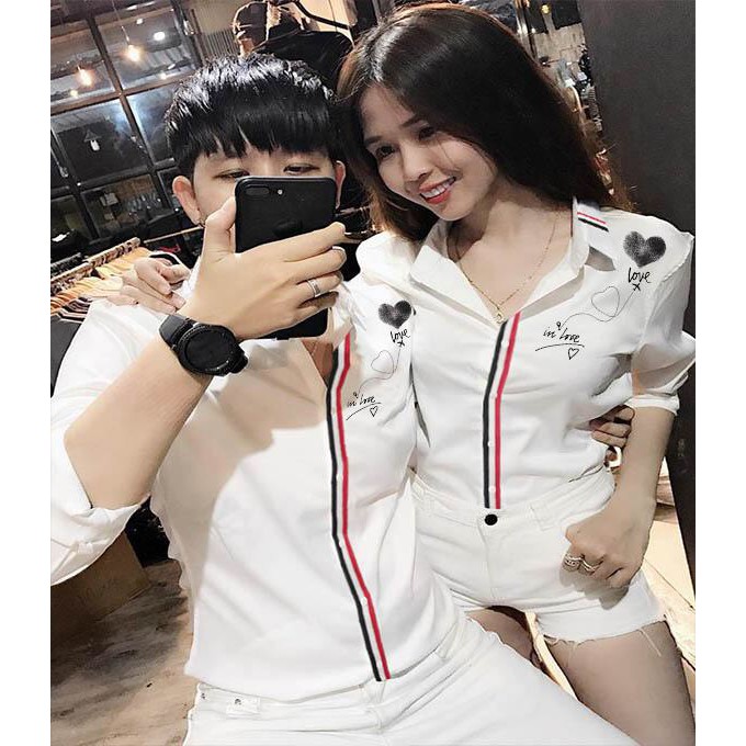 Áo sơ mi nam nữ Unisex màu trắng heart vai với sọc đỏ xanh đẹp Kate BB12