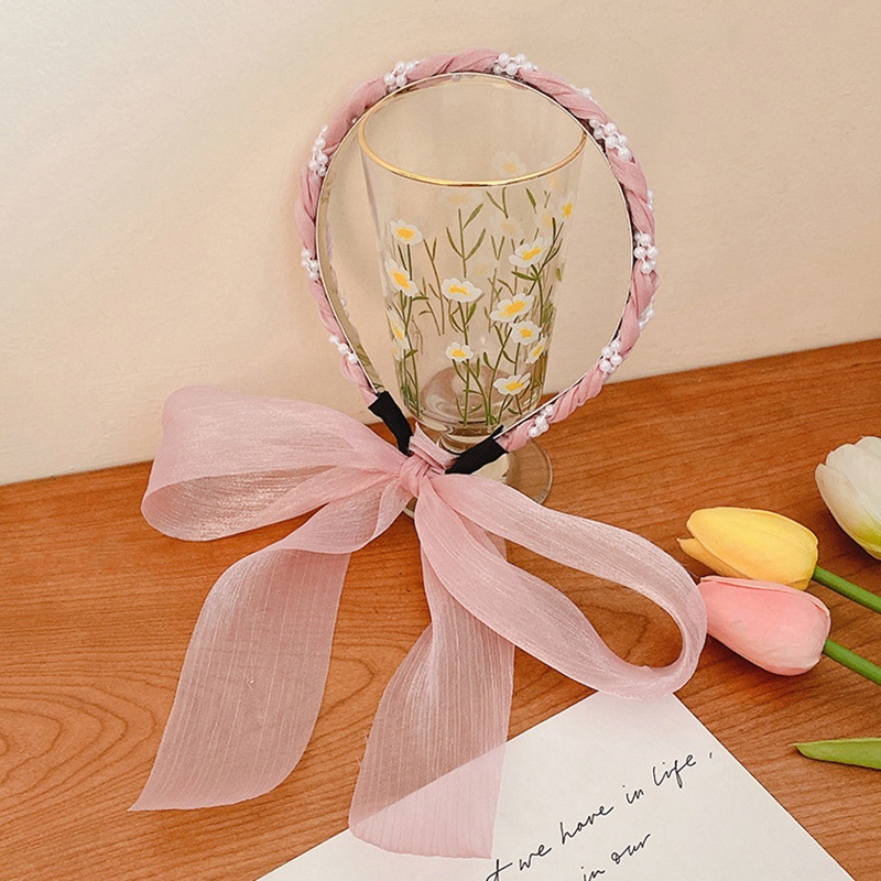 Băng Đô Cài Tóc Phối Ruy Băng Lụa Bản Rộng Màu Hồng Ngọt Ngào Phong Cách Hàn Quốc JP5