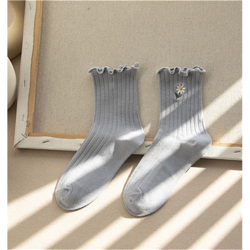 Tất cotton cổ cao kẻ sọc in hoa dễ thương cho nữ 8 màu lựa chọn