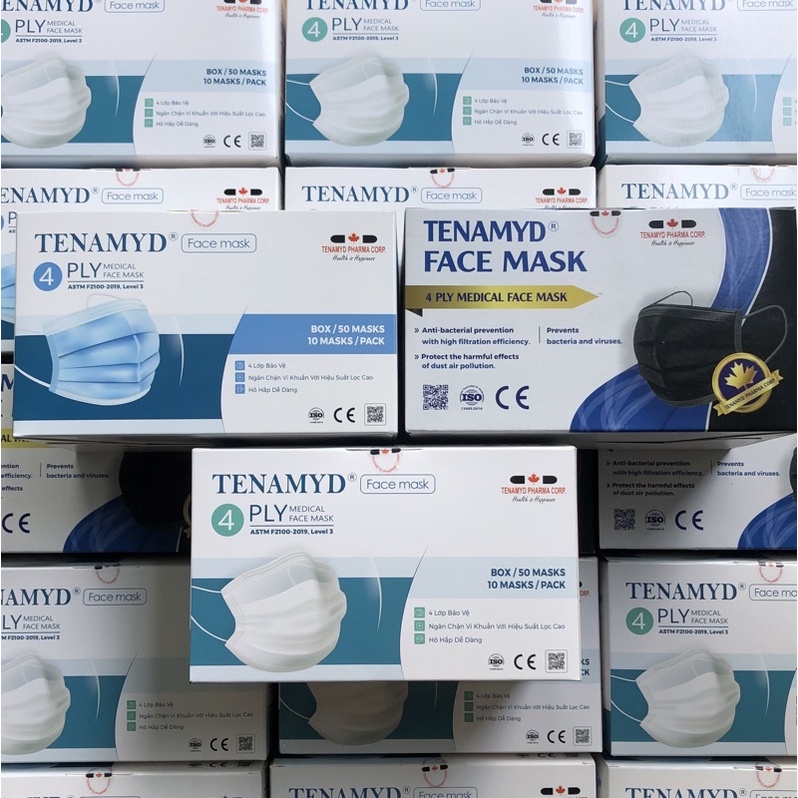 Hộp 50 Khẩu Trang Y Tế Tenamyd 4 Lớp Mỏng Nhẹ Đạt Chuẩn Astm Level 3