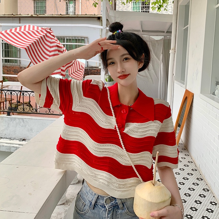 Áo thun polo ZHELIHANGFEI vải dệt kim tay ngắn họa tiết kẻ sọc màu sắc tương phản cá tính