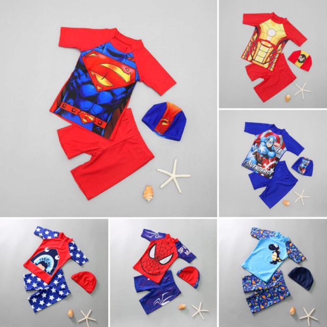 Set đồ bơi bé trai quần lửng siêu nhân người nhện sắt đội trưởng Mỹ 3 mảnh