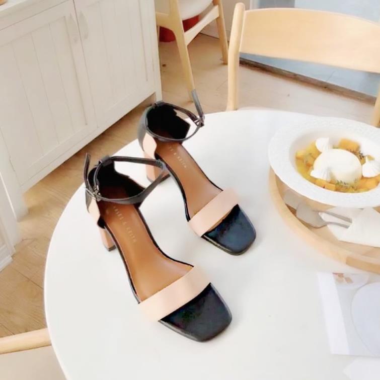 Giày Cao Gót Vuông 7cm  Phối Màu Đen-Kem