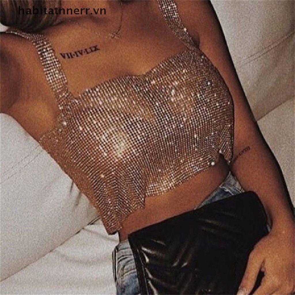 Áo Croptop Hai Dây Đính Đá Lấp Lánh Thời Trang Cho Nữ