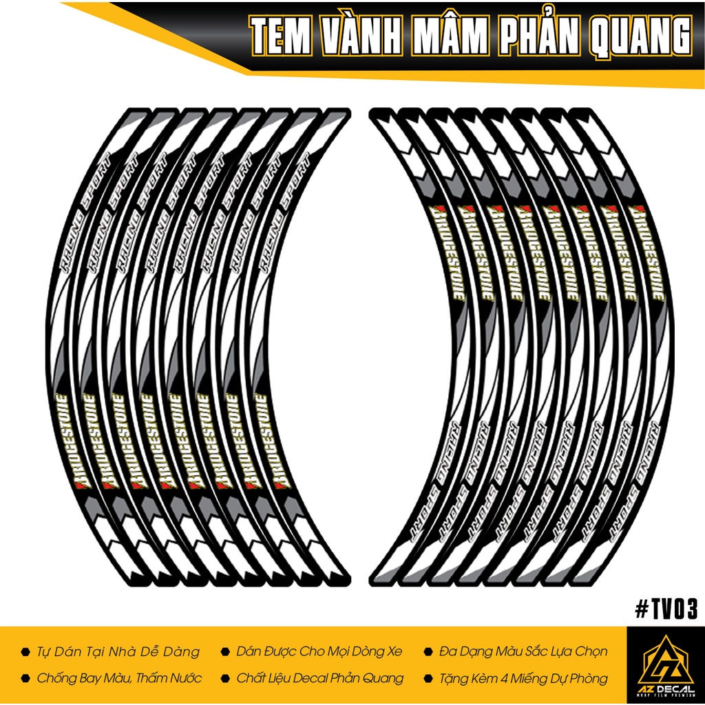 Tem Vành Mâm BRIDGESTONE - TV03 - Màu Đỏ Phản Quang | Dán Xe Máy, Xe Điện, Xe Thể Thao...Chống Thấm Nước, Chống Bay Màu