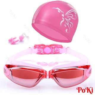 Bộ kính bơi mắt tráng GƯƠNG màu HỒNG 6615 - gồm MŨ BƠI, Bịt tai kẹp mũi cao cấp - POKI